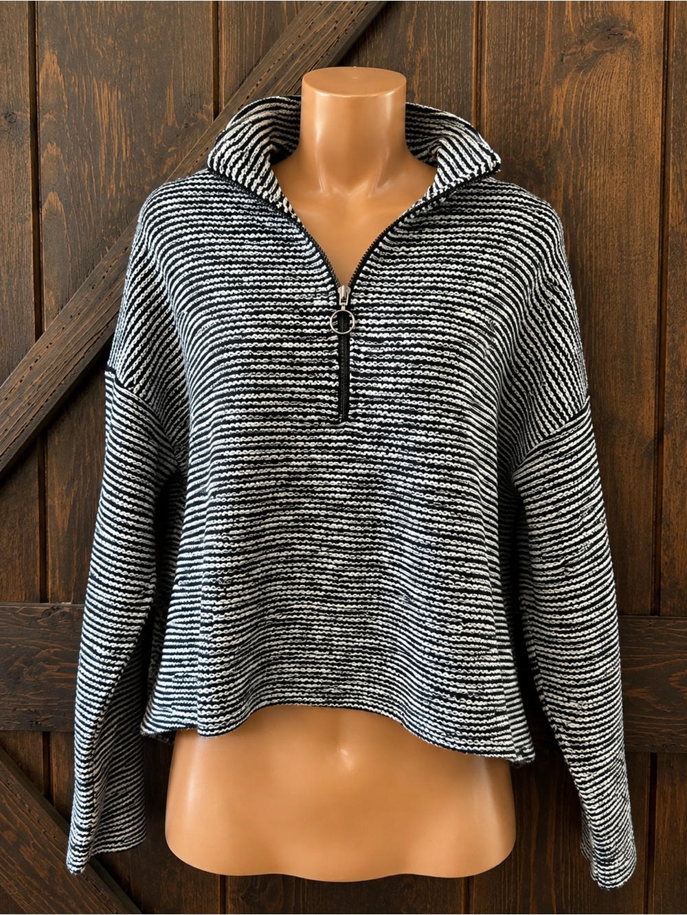 Sweaty Betty Striped Knit Half Zip Pullover Sweater Black White Cotton US 6